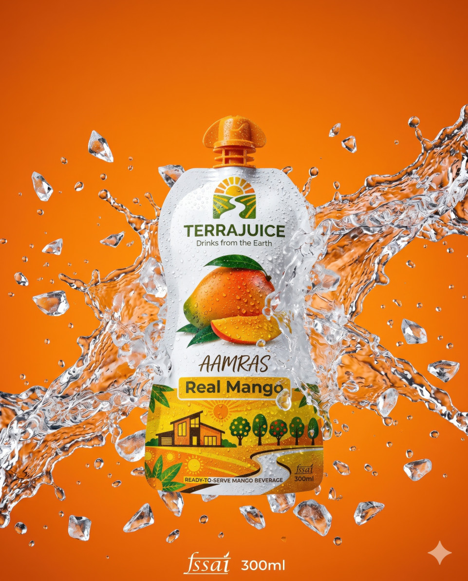 Mango drink pouch with water splash and ice shards action shot google gemini prompt