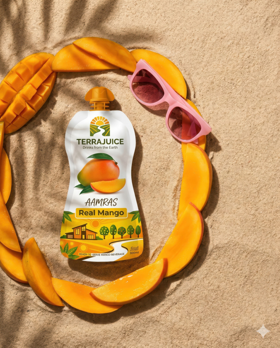 Mango drink pouch flat lay with mango slices on sandy background google gemini prompt