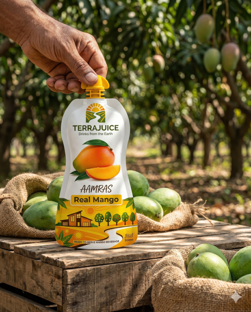 Mango drink pouch on wooden crate in mango orchard farm google gemini prompt