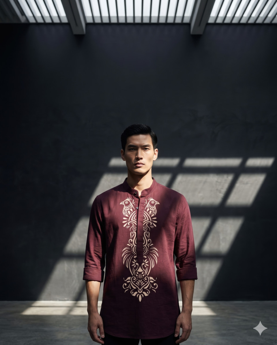 High fashion model in maroon kurta in modern gallery google gemini prompt