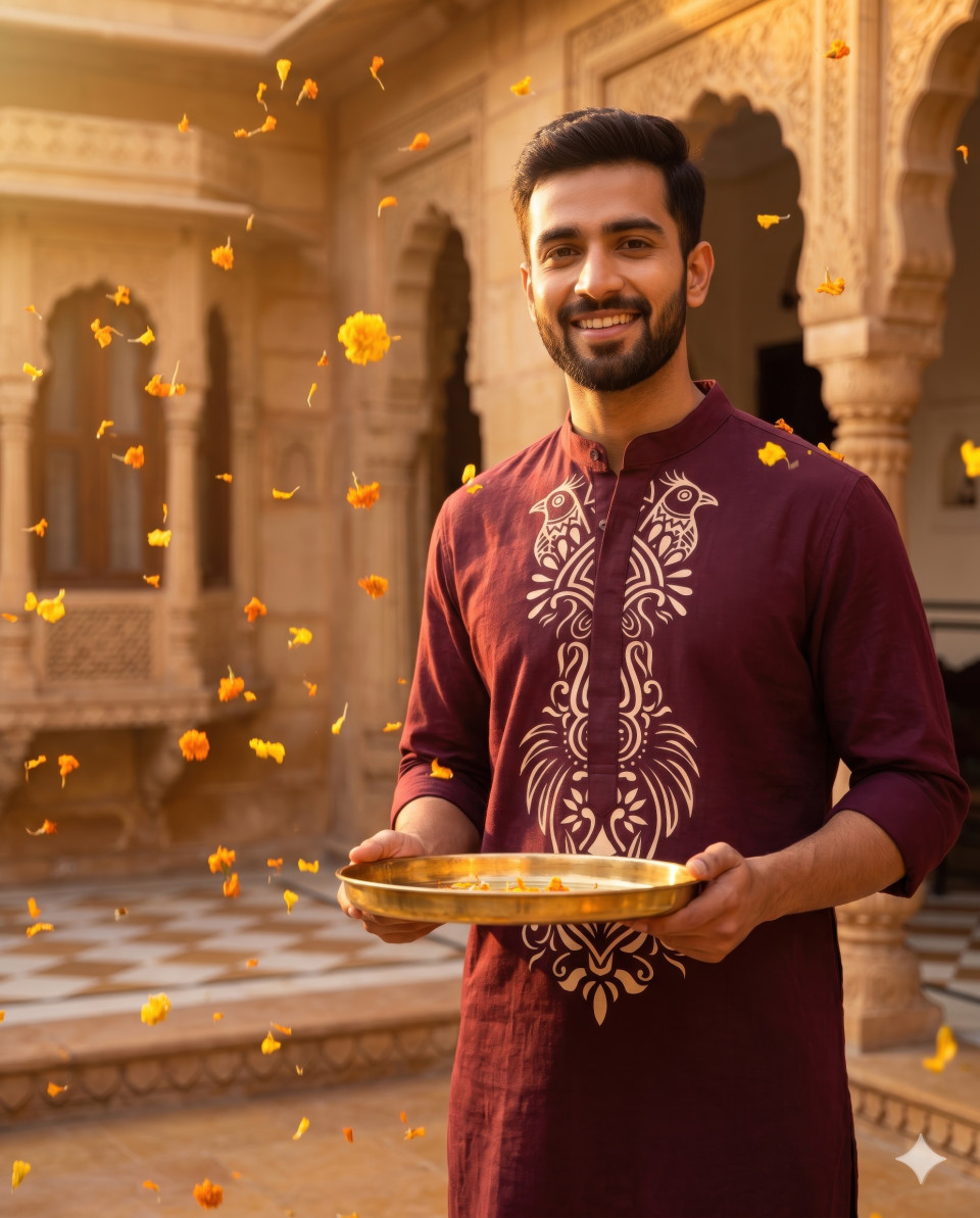 Festive man in maroon kurta in traditional courtyard scene google gemini prompt