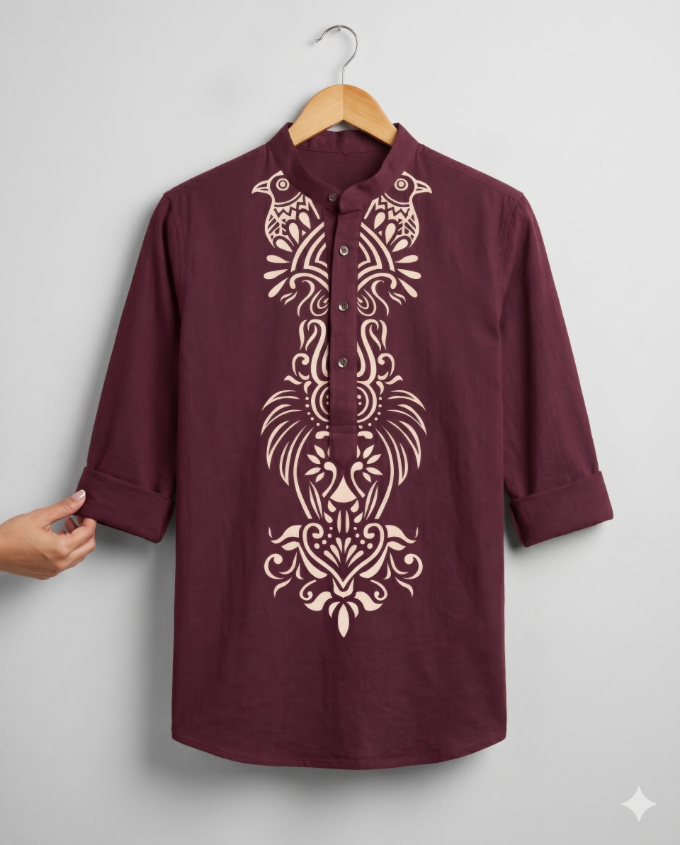 Maroon kurta on hanger in minimal studio ecommerce setup google gemini prompt