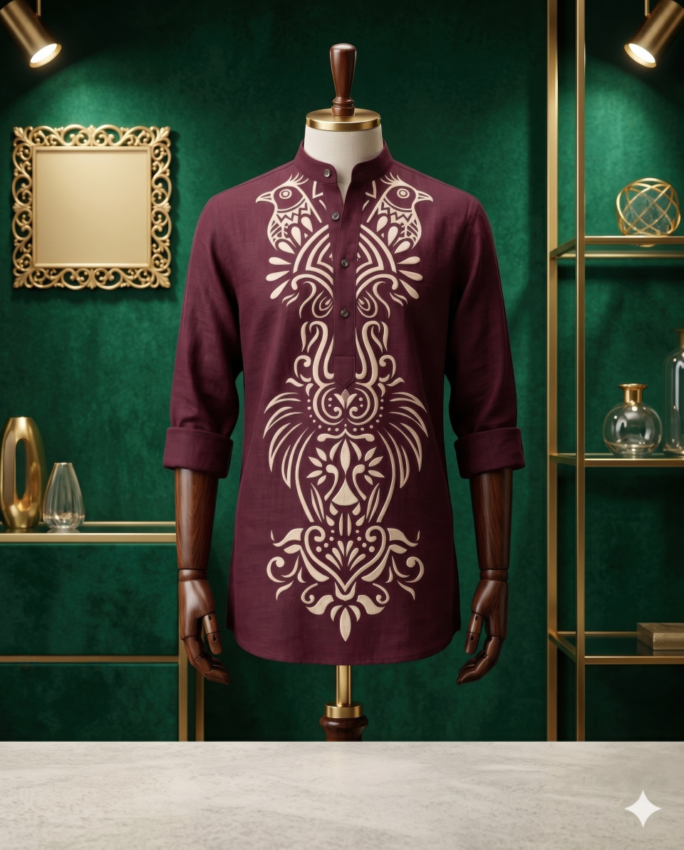 Maroon printed kurta on mannequin in luxury boutique window google gemini prompt