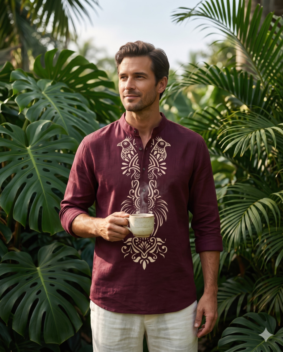 Man in maroon printed kurta in tropical garden setting google gemini prompt