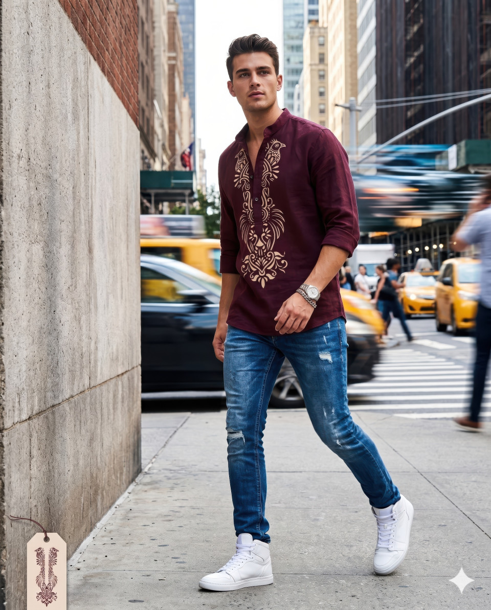 Stylish man walking in city wearing maroon printed kurta google gemini prompt