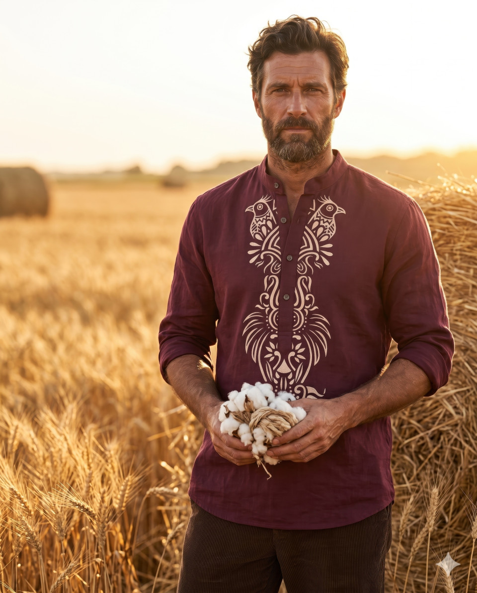 Rugged man in maroon kurta standing in wheat field google gemini prompt