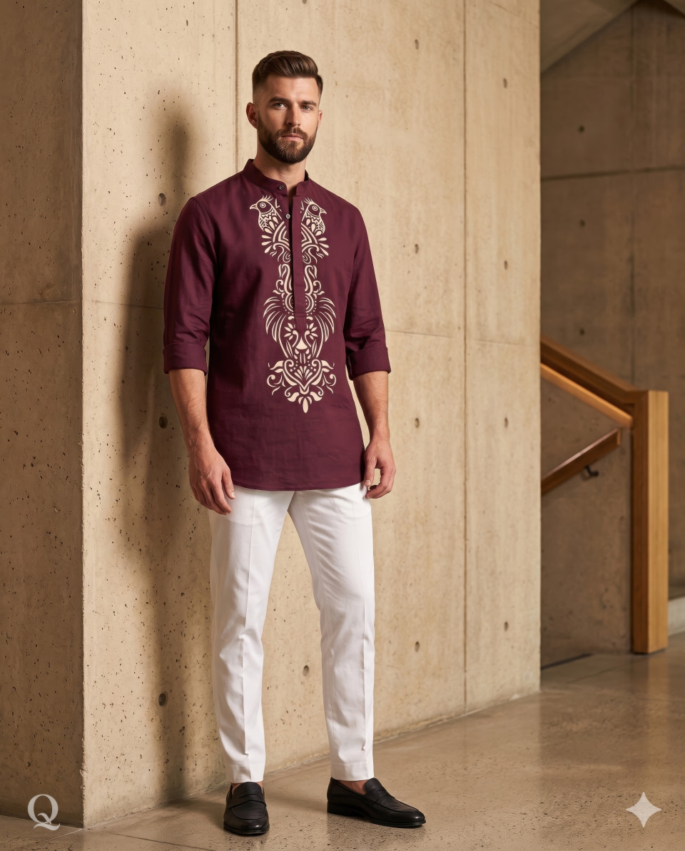 Male model in maroon printed kurta against concrete wall google gemini prompt
