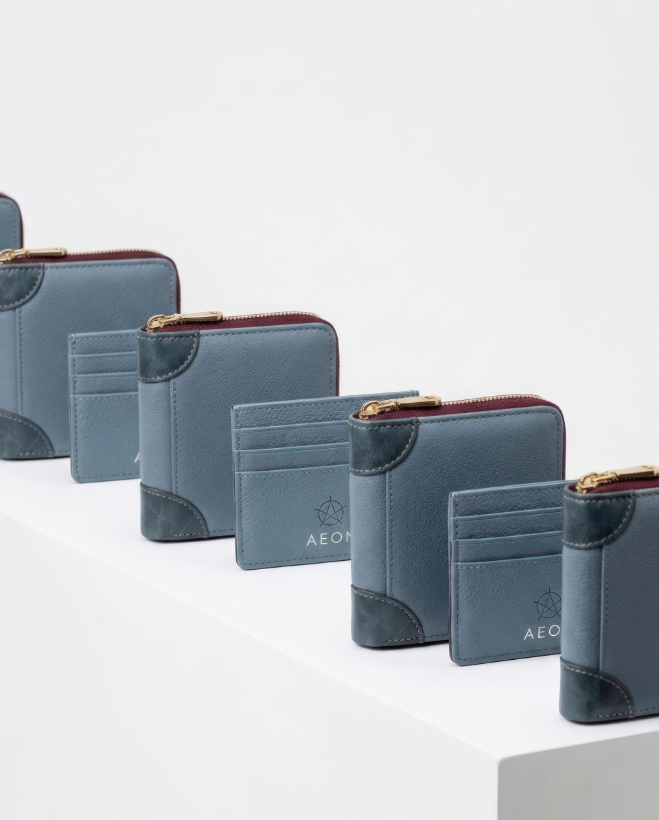 Repeating wallets pattern on white podium minimal product display google gemini prompt