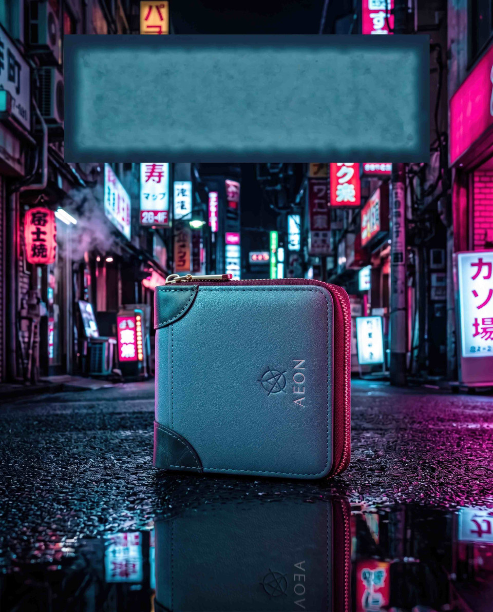 Luxury leather wallet on neon tokyo street wet asphalt google gemini prompt