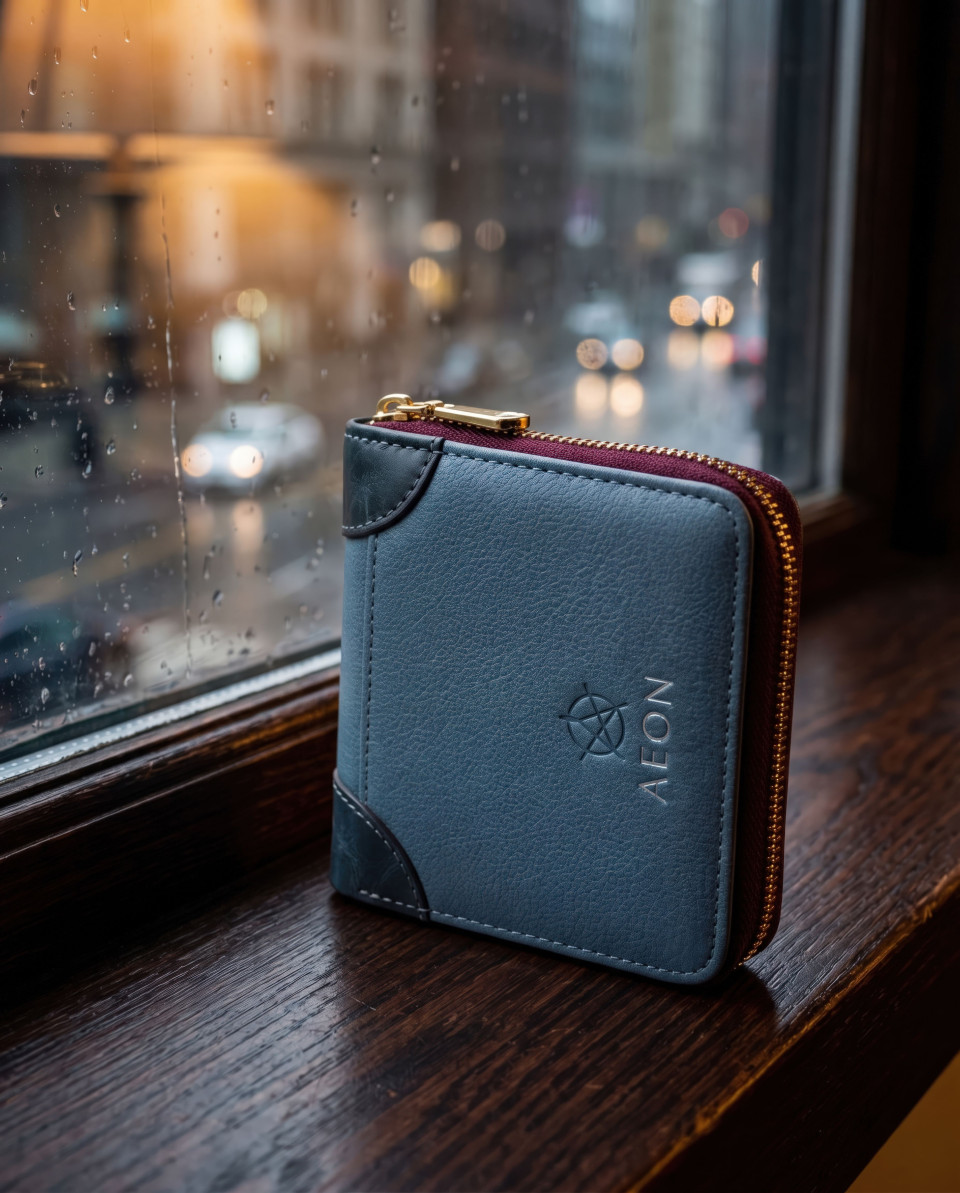 Leather wallet on window sill with rainy city background google gemini prompt
