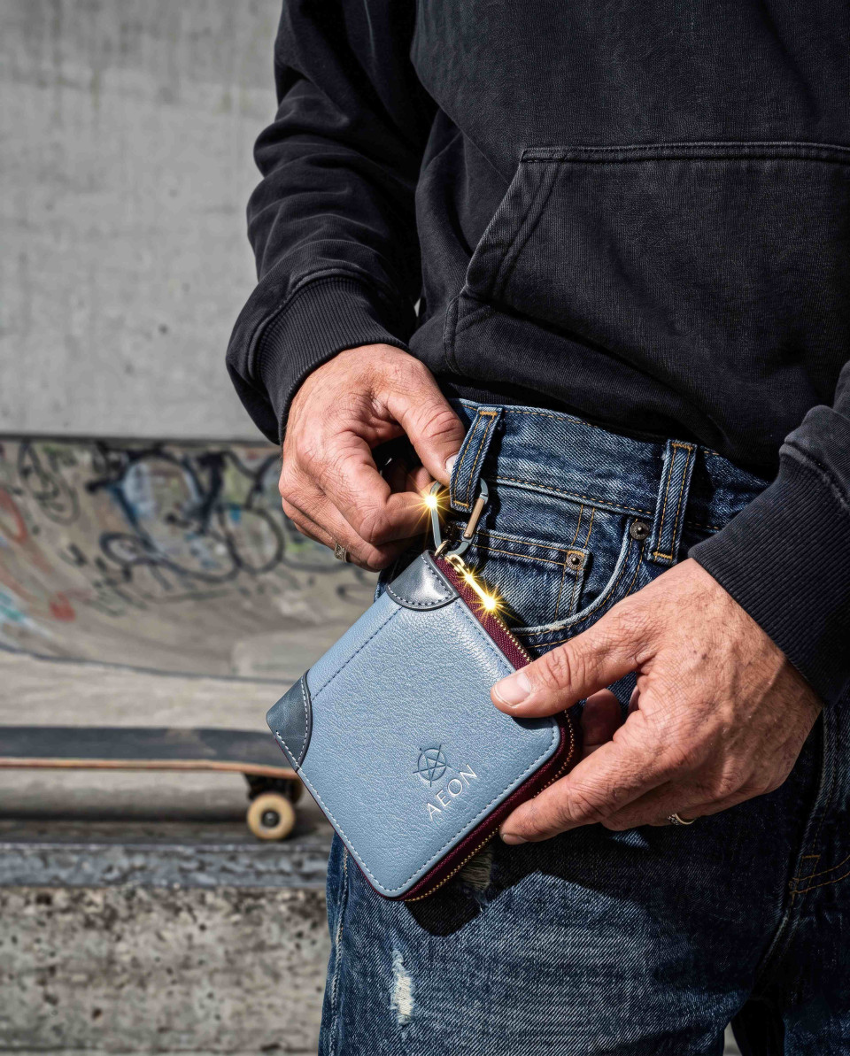 Wallet clipped to belt loop in urban skatepark street style google gemini prompt