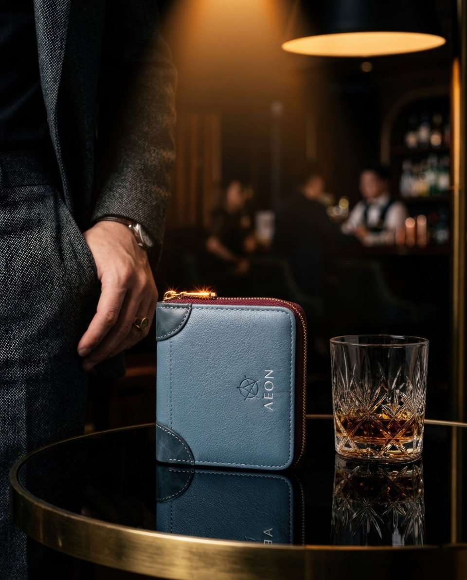 Luxury wallet on glass table with whiskey in jazz club google gemini prompt