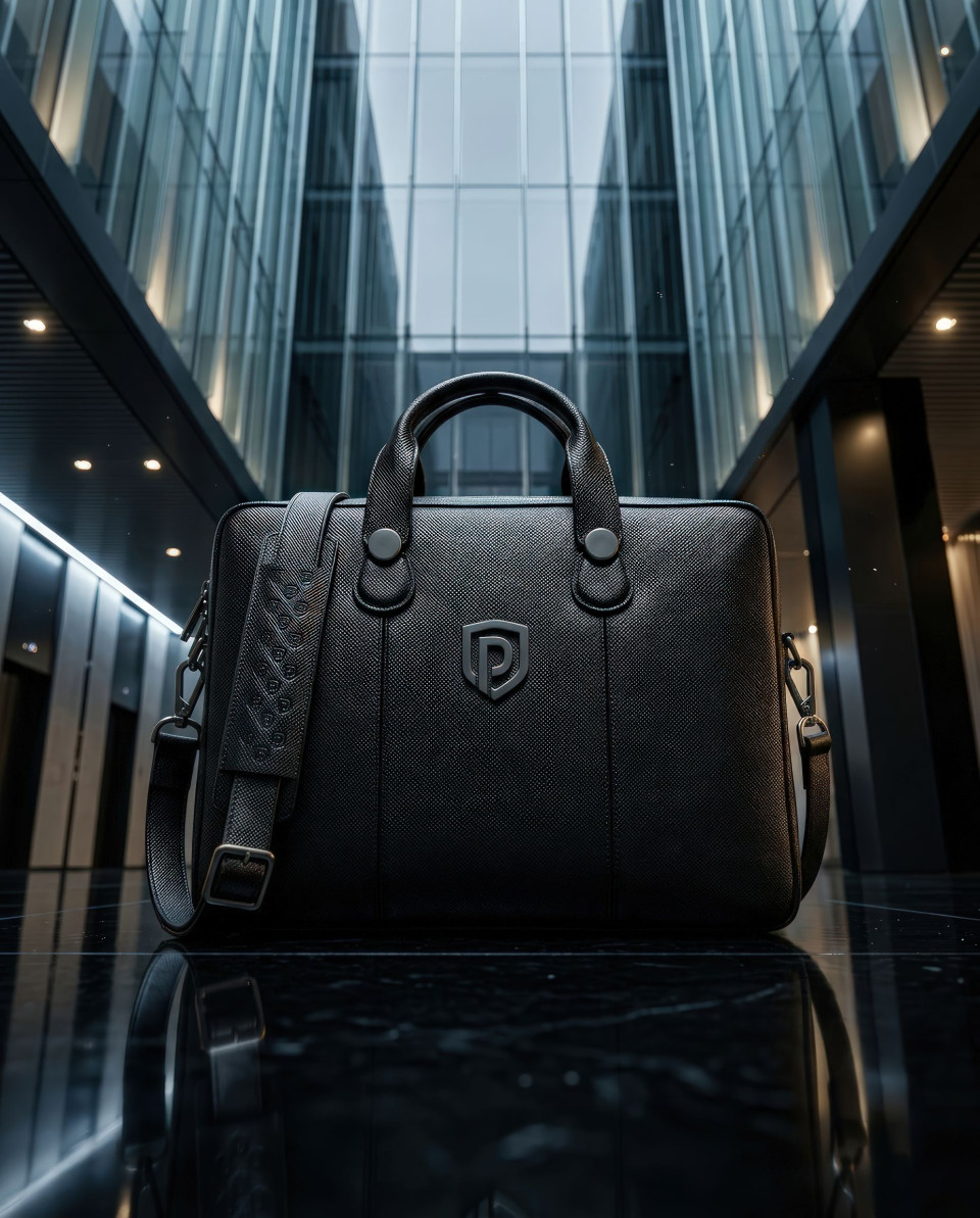 Leather office bag in glass corporate lobby success concept google gemini prompt