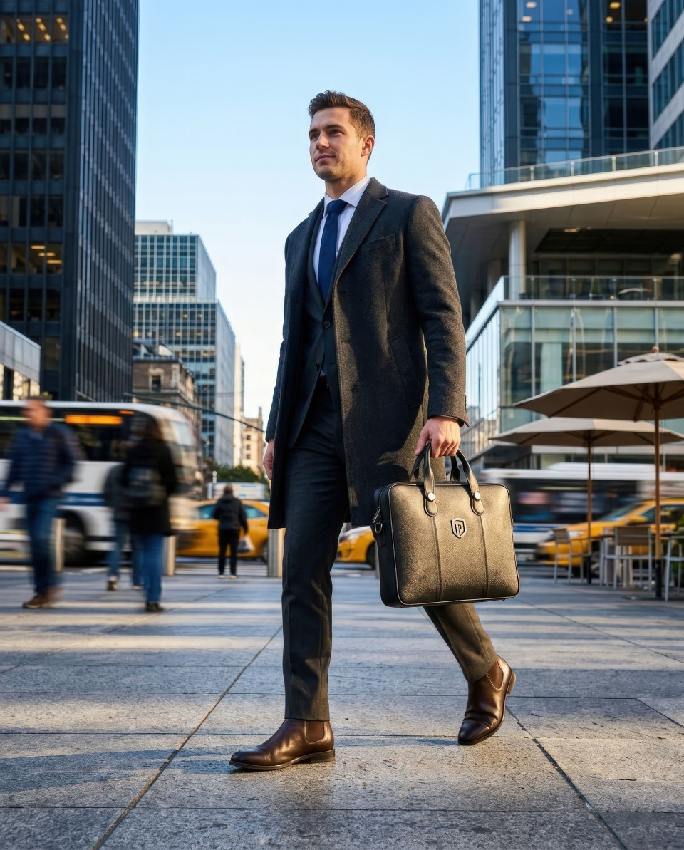 Businessman carrying leather office bag urban city motion google gemini prompt