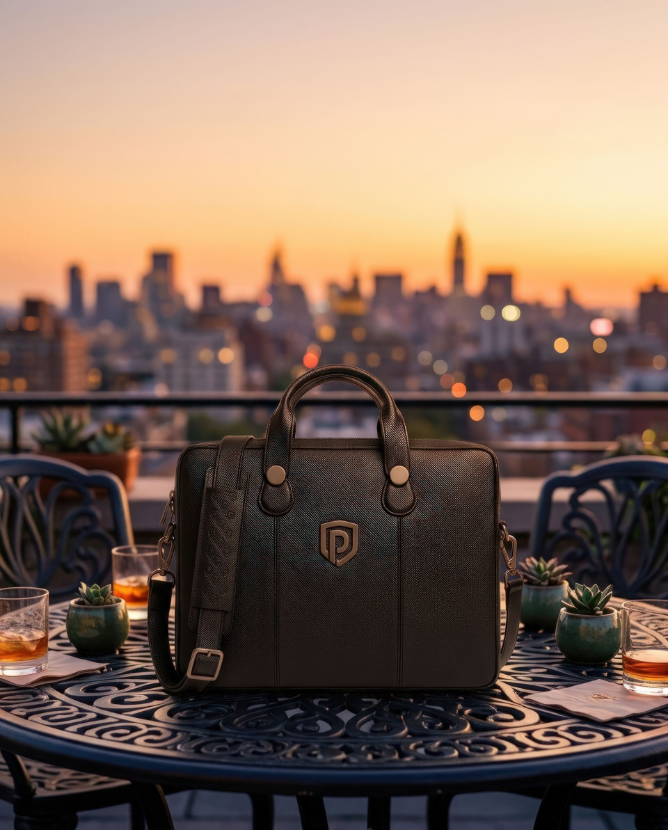 Luxury leather bag on rooftop cafe table sunset city view google gemini prompt