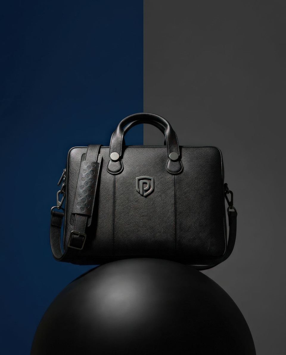 Leather office bag on black sphere geometric fashion concept google gemini prompt