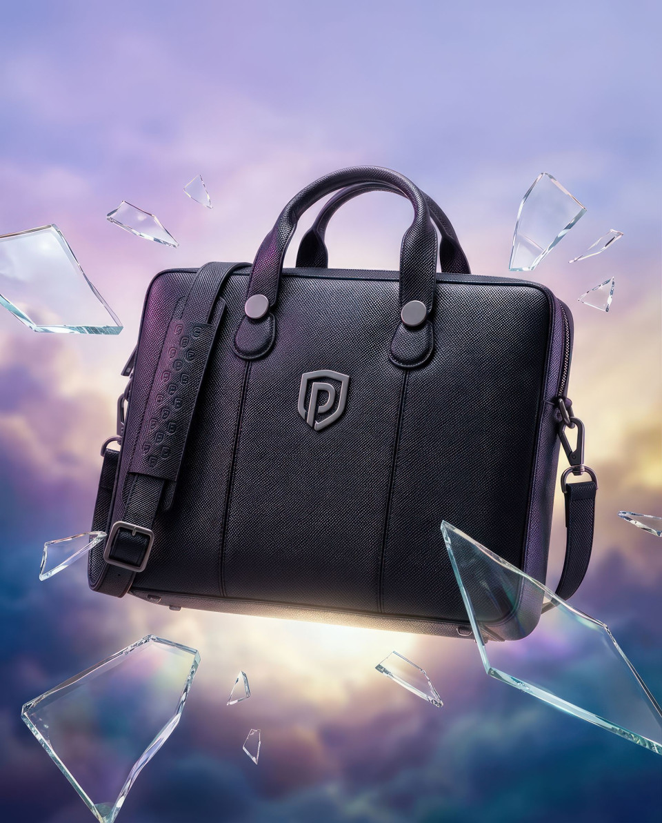 Floating leather office bag with glass shards surreal luxury concept google gemini prompt