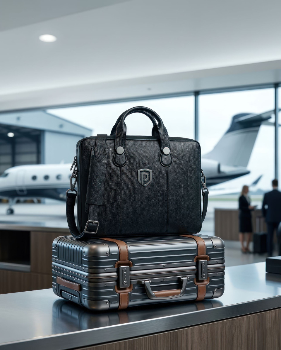 Leather office bag on suitcase private jet travel luxury google gemini prompt