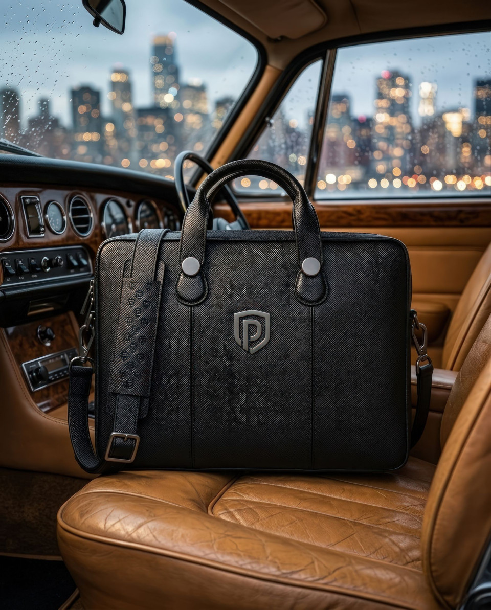 Luxury leather office bag on vintage car seat travel concept google gemini prompt