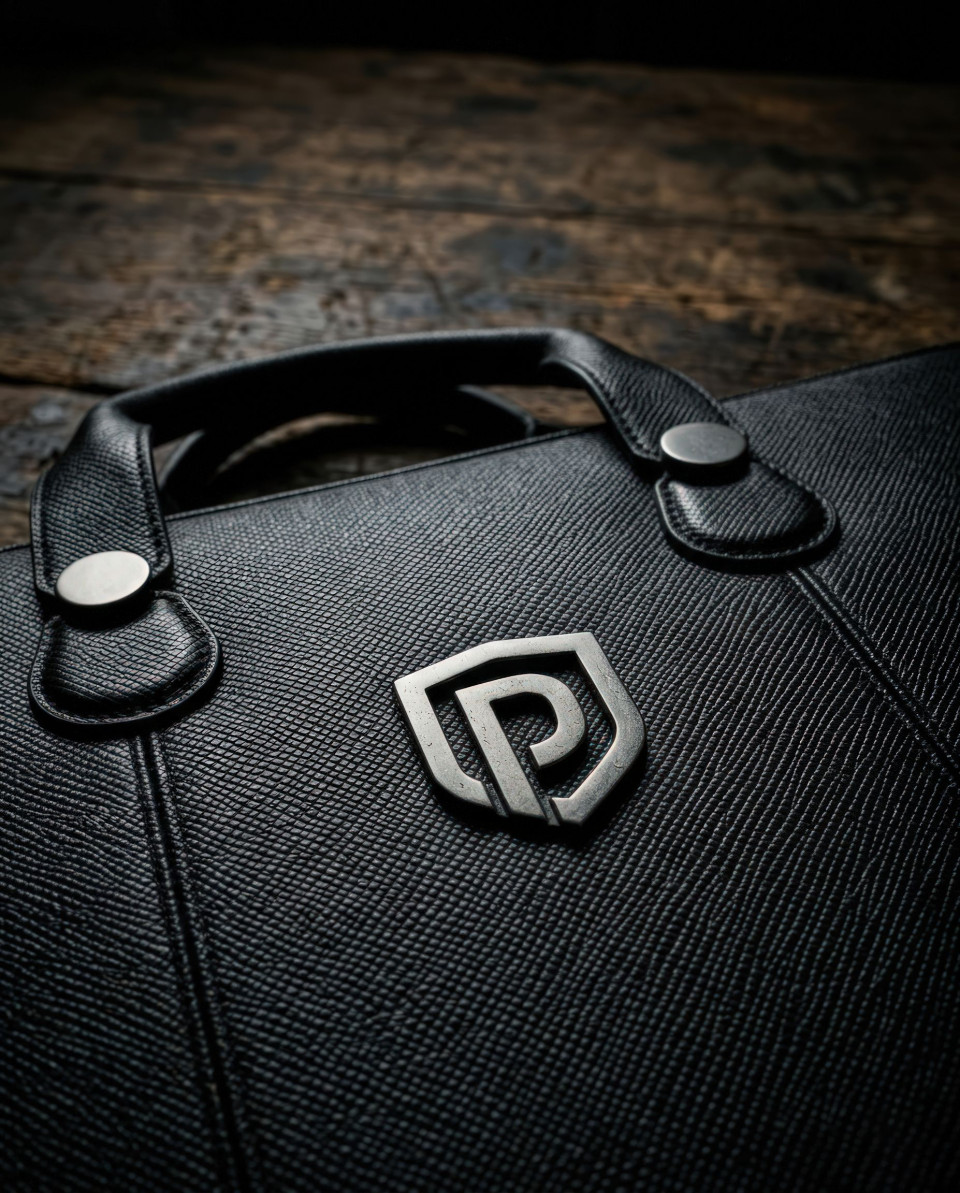 Macro leather office bag logo detail industrial style google gemini prompt