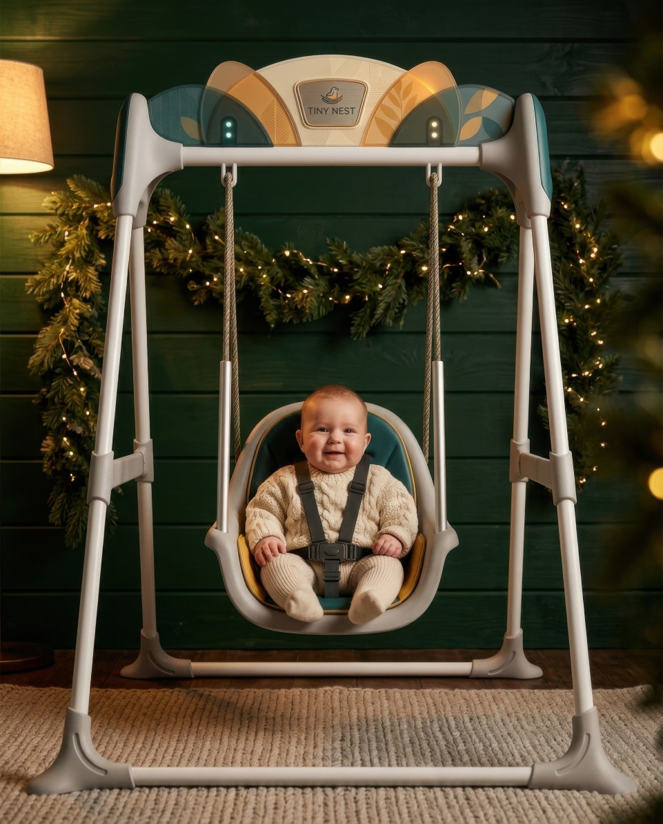 Festive nursery baby swing with infant holiday warmth google gemini prompt