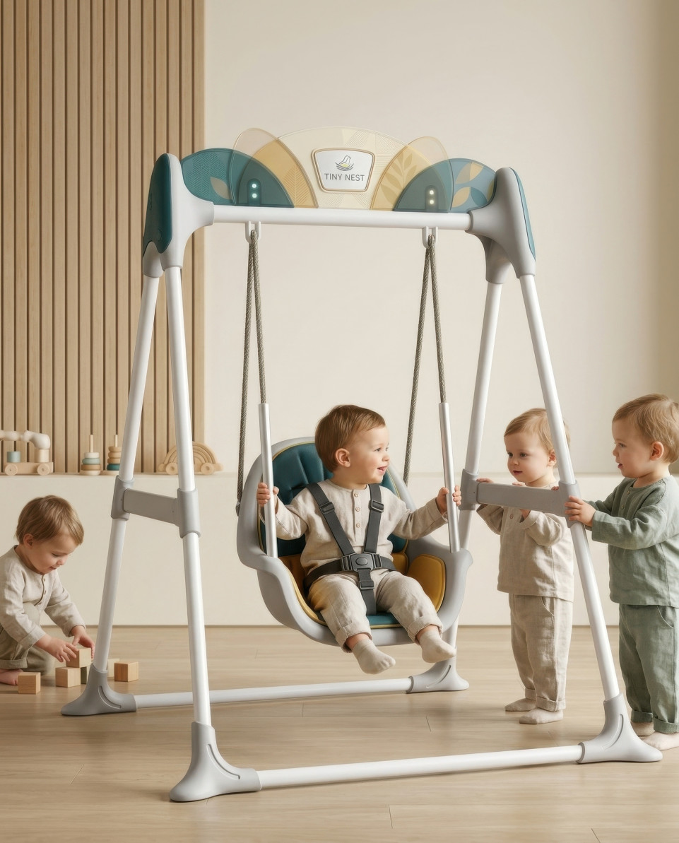Minimalist playroom baby swing with toddlers active scene google gemini prompt