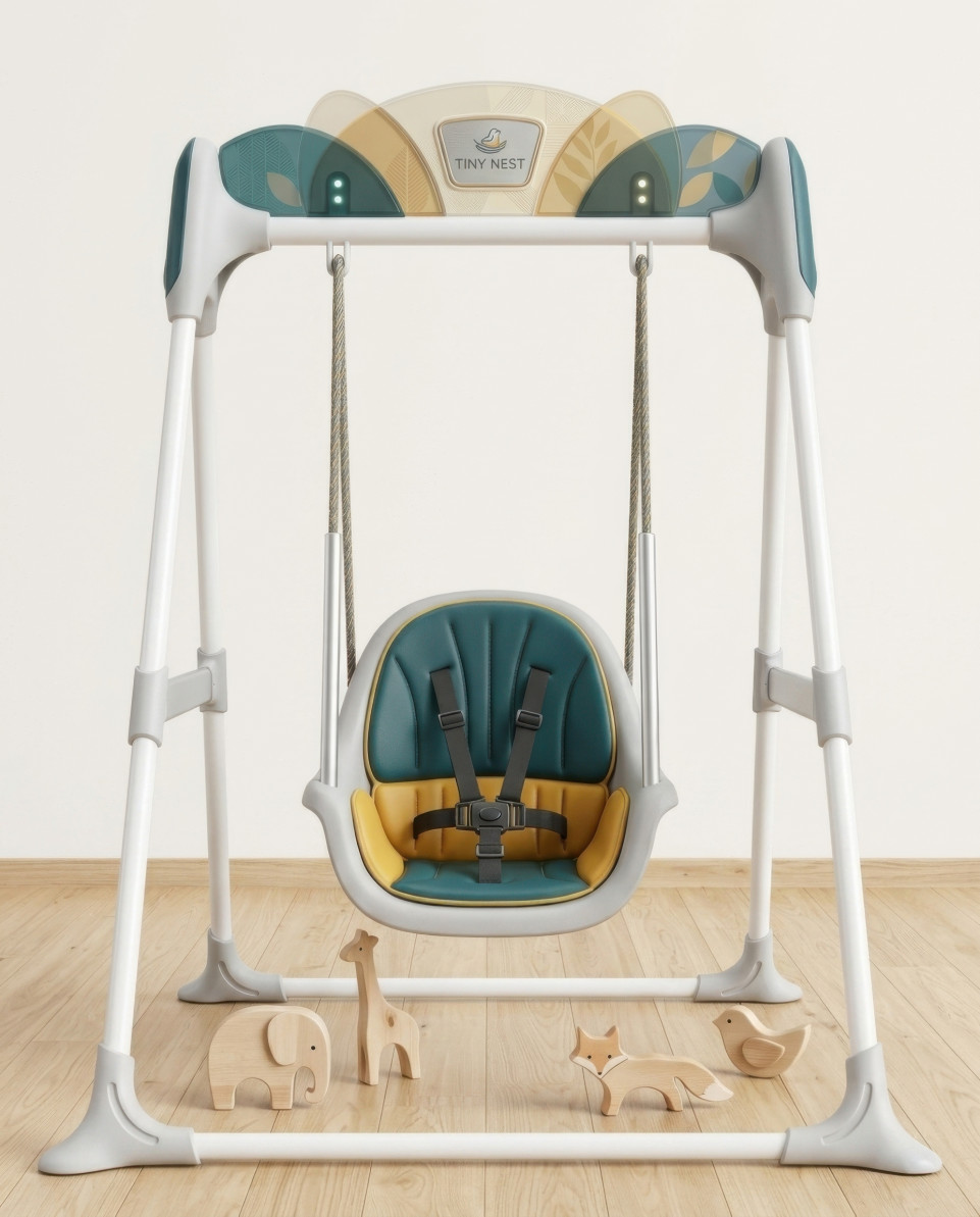 Scandinavian nursery flat lay baby swing with wooden toys google gemini prompt