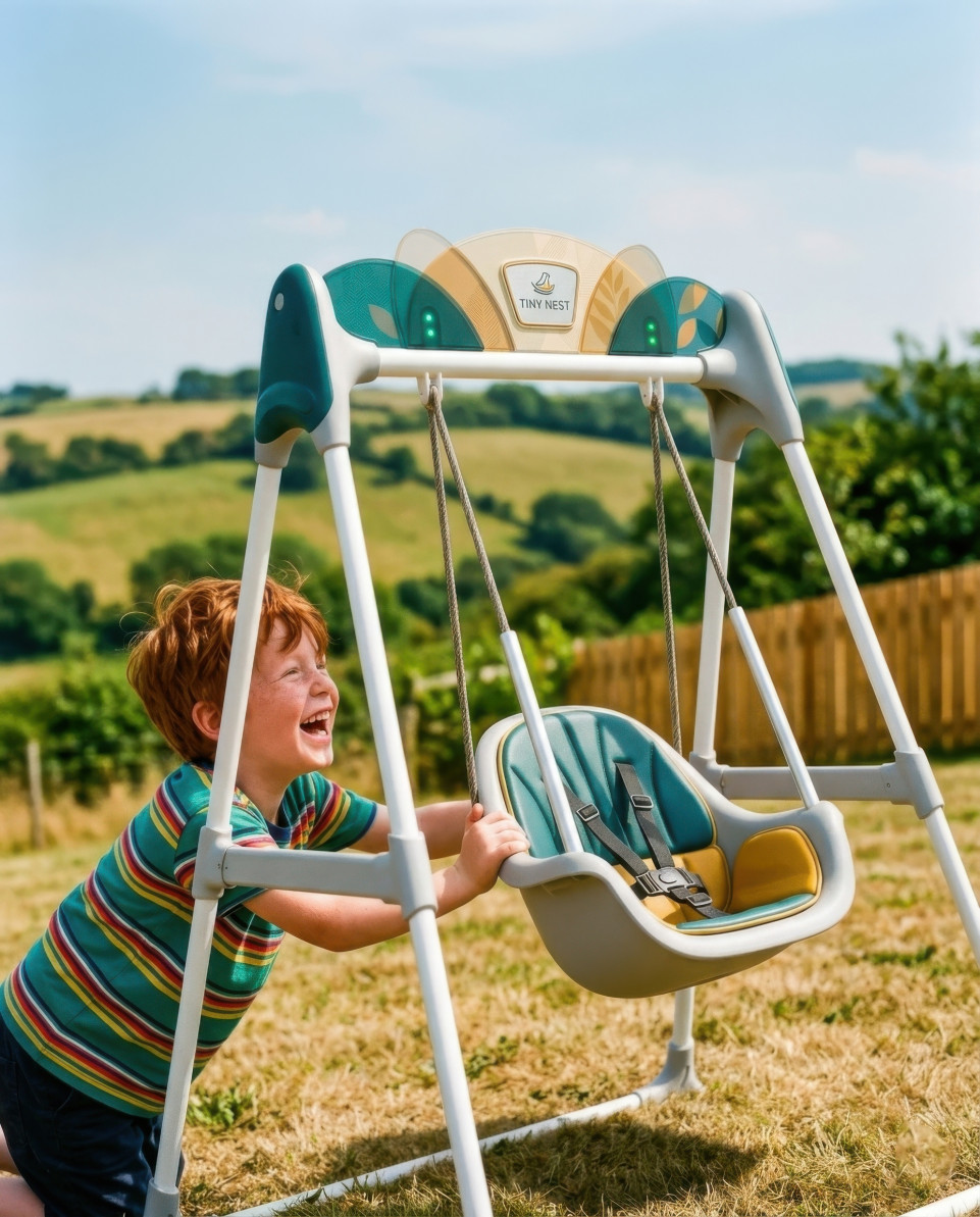Backyard baby swing with joyful child retro film style google gemini prompt