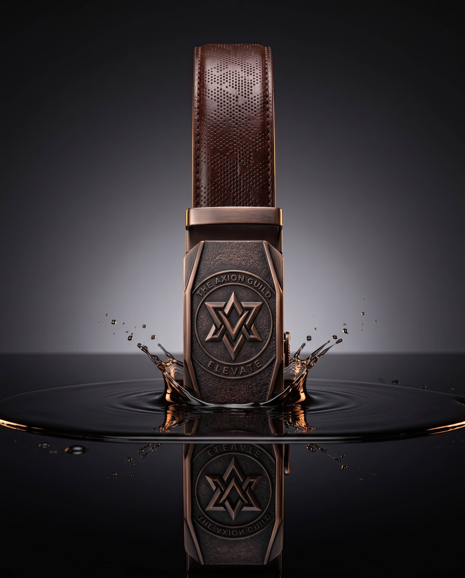 Leather belt with reflection on dark liquid surface studio google gemini prompt