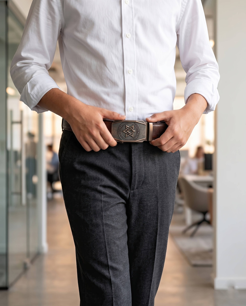Man adjusting leather belt walking in modern office lobby google gemini prompt
