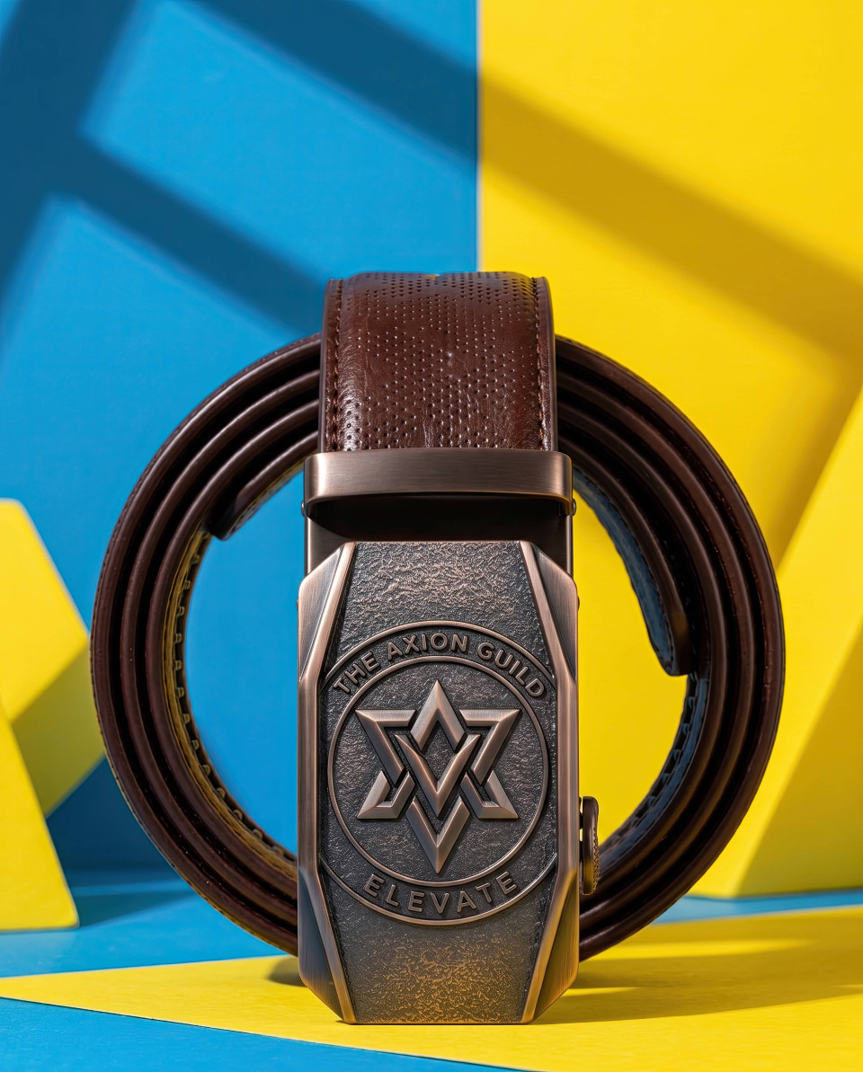 Leather belt on vibrant blue and yellow geometric background google gemini prompt