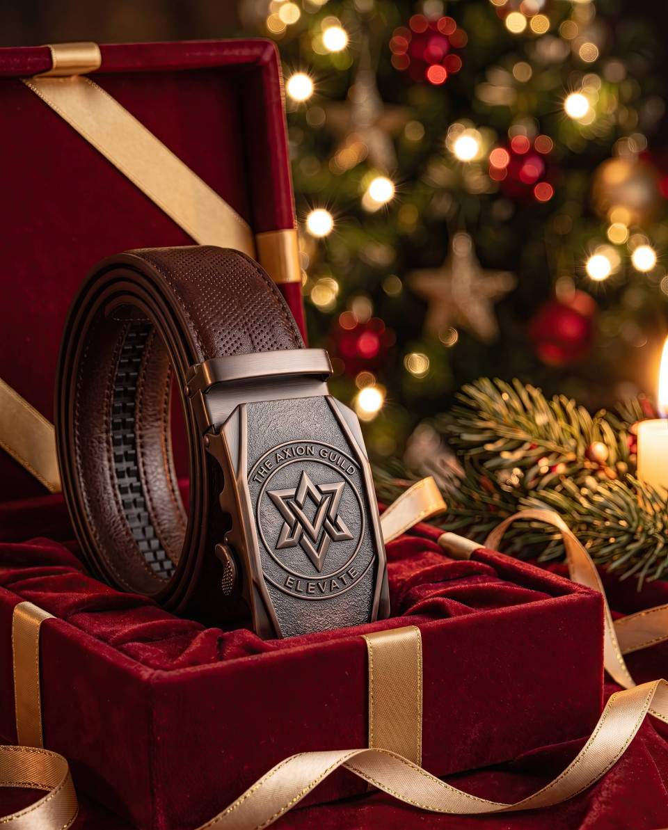 Leather belt in red velvet gift box with festive lights google gemini prompt