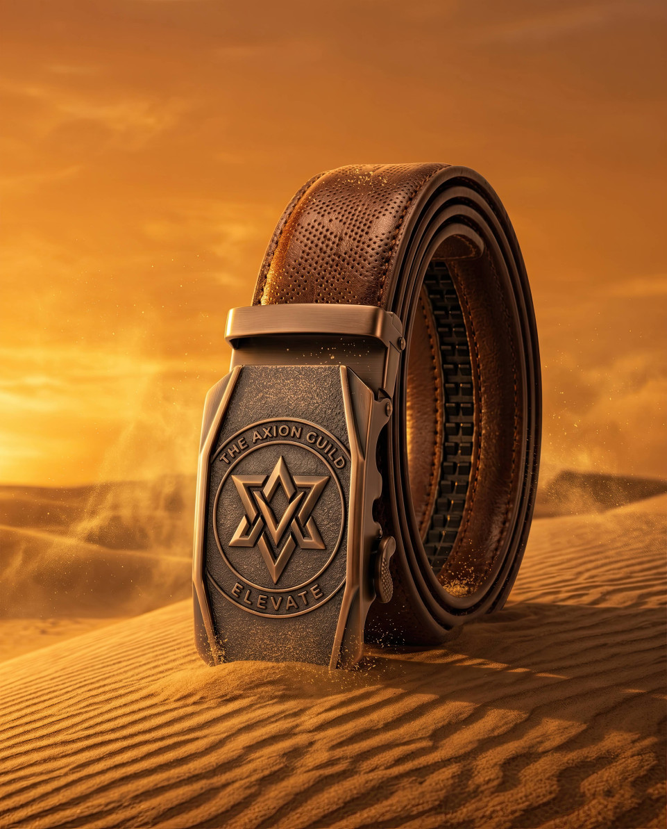 Leather belt standing in desert sand with sunset backdrop google gemini prompt