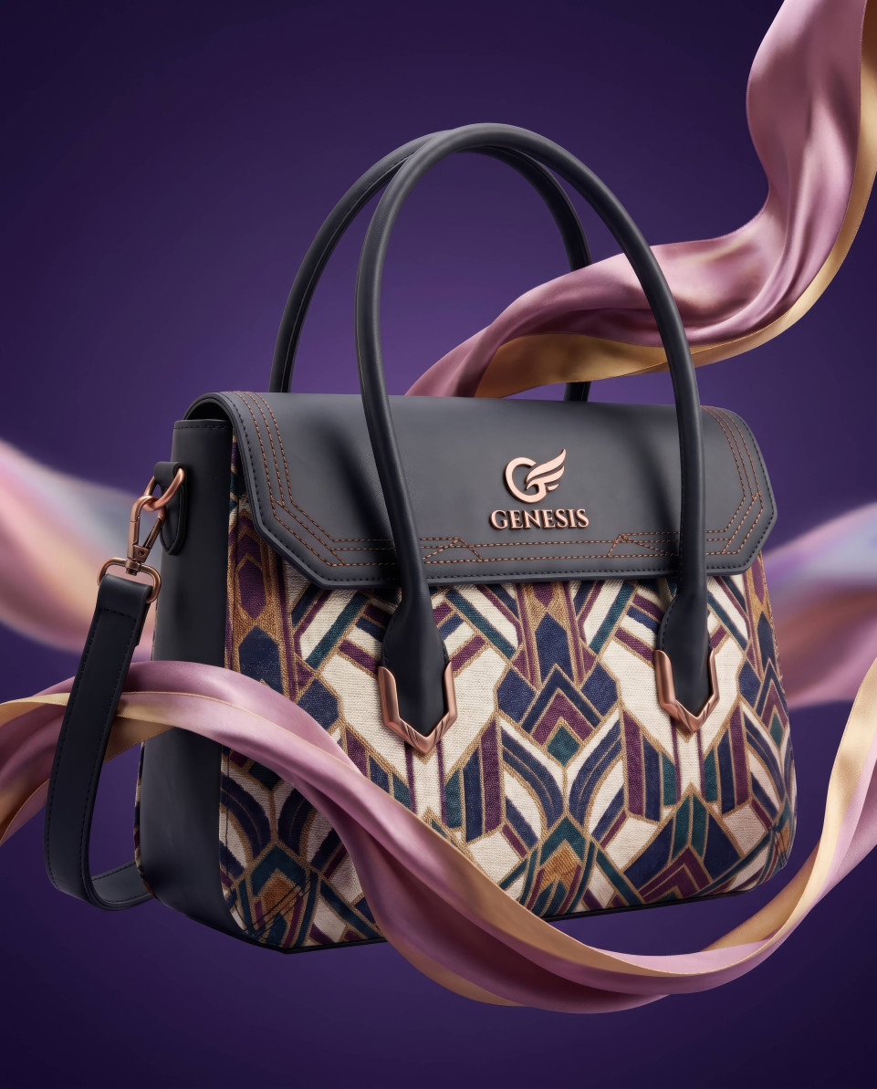 Floating luxury satchel with silk ribbon in violet studio scene google gemini prompt