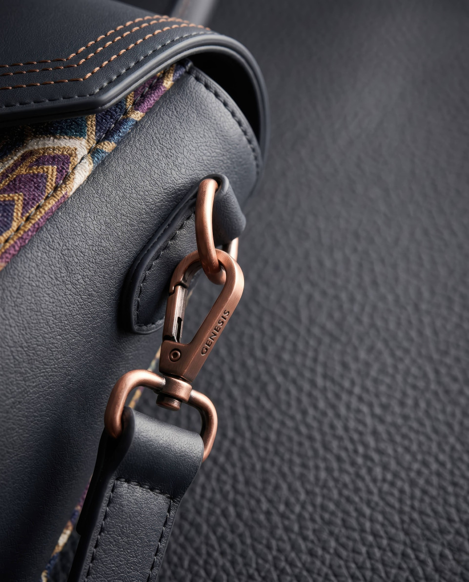 Macro detail of leather satchel buckle with textured craftsmanship google gemini prompt