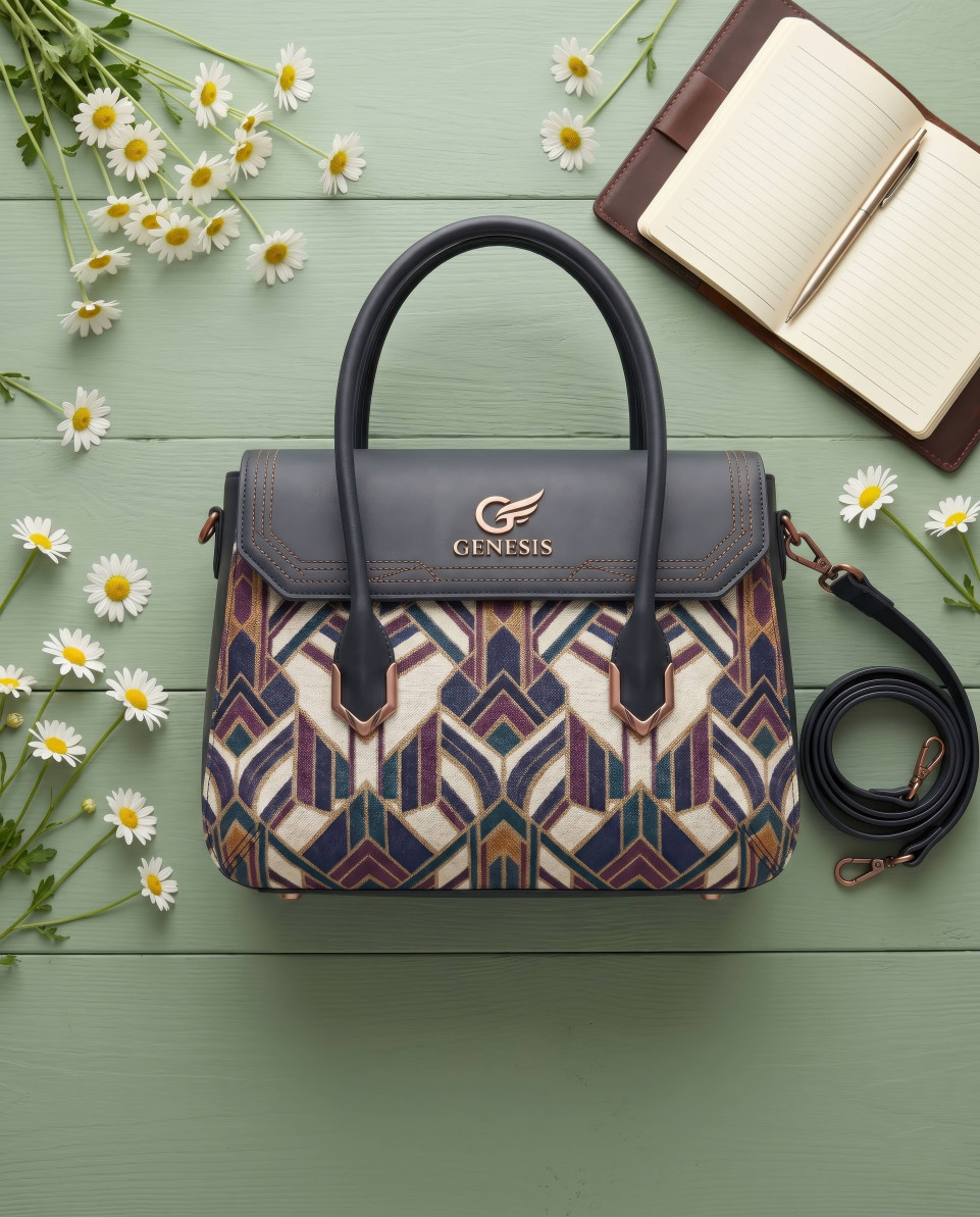 Flat lay satchel with daisies and notebook on rustic table google gemini prompt