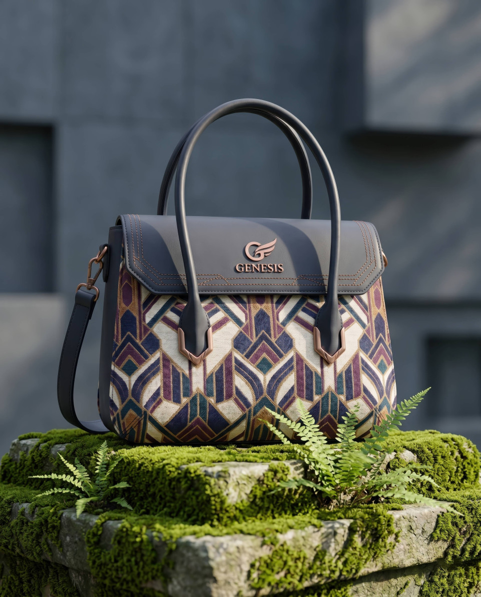 Luxury satchel on moss stone with urban nature fusion background google gemini prompt