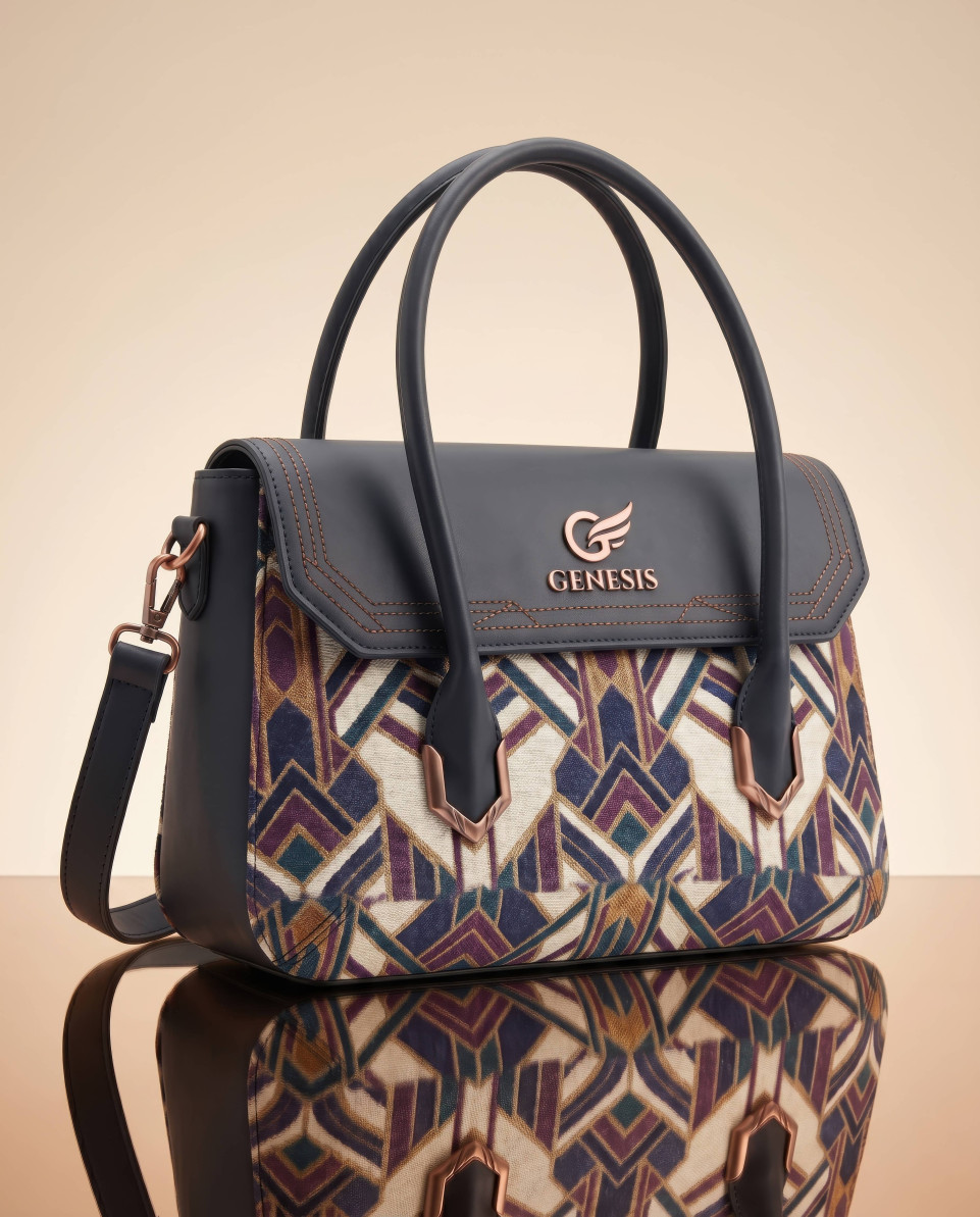 Luxury satchel on rose gold mirror with elegant reflection google gemini prompt