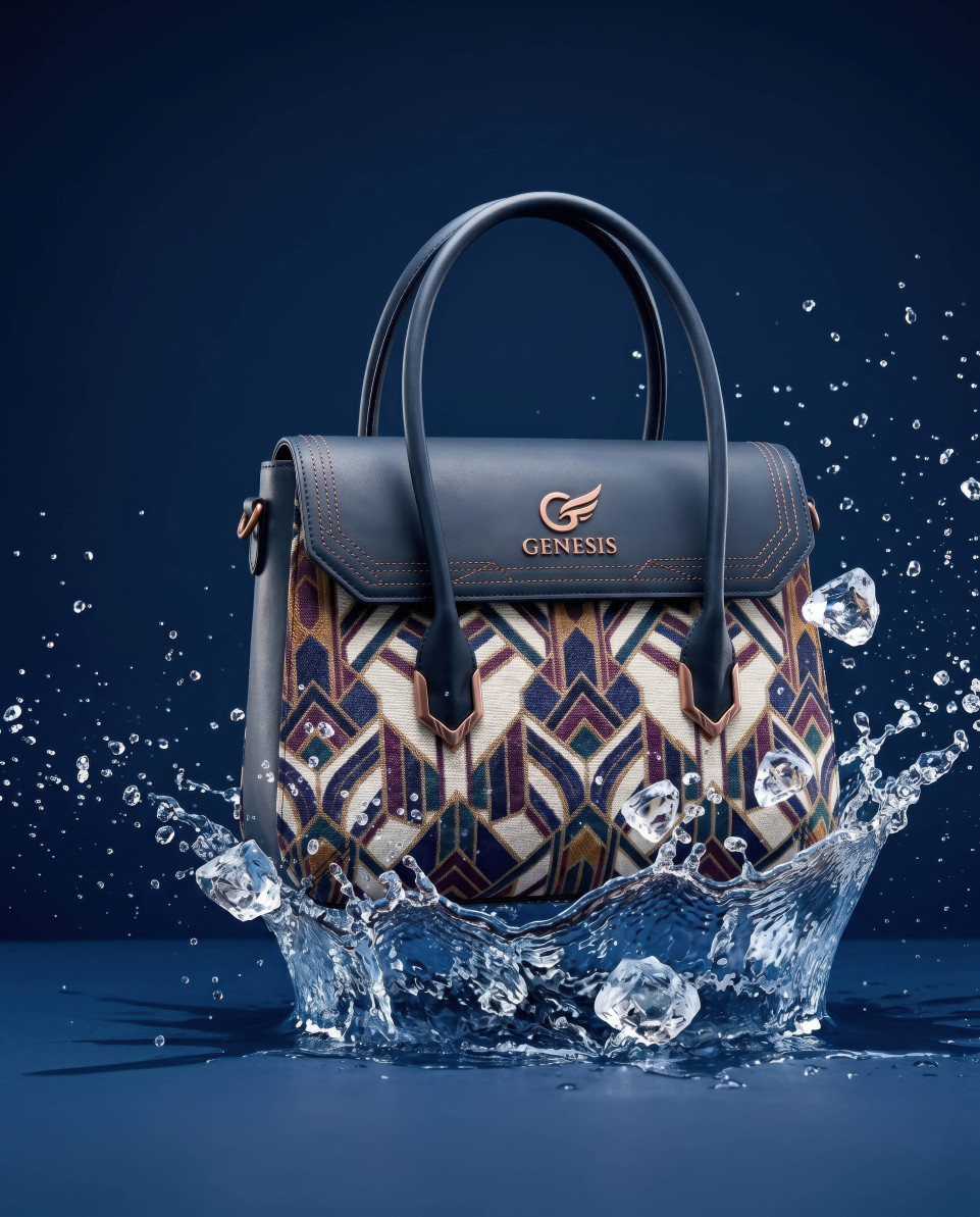 Luxury satchel with dynamic water splash high speed action shot google gemini prompt
