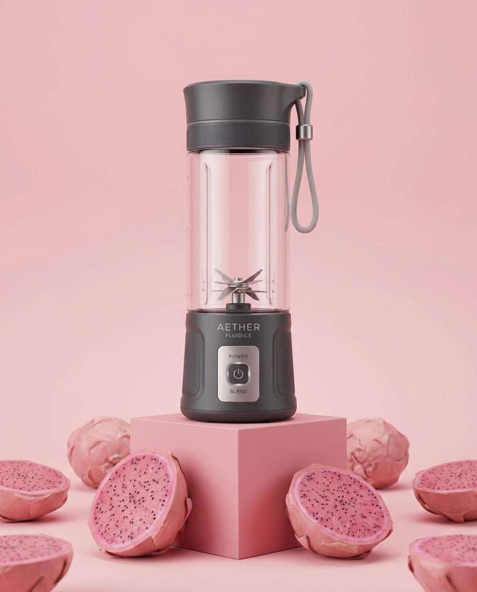 Minimal pink studio blender with dragon fruit clean layout google gemini prompt
