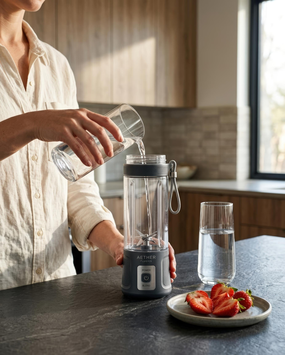 Morning kitchen blender with strawberries and water lifestyle scene google gemini prompt