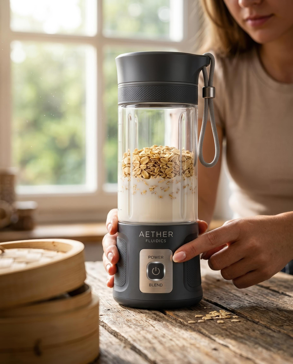 Rustic kitchen blender with oats and milk cozy cooking scene google gemini prompt