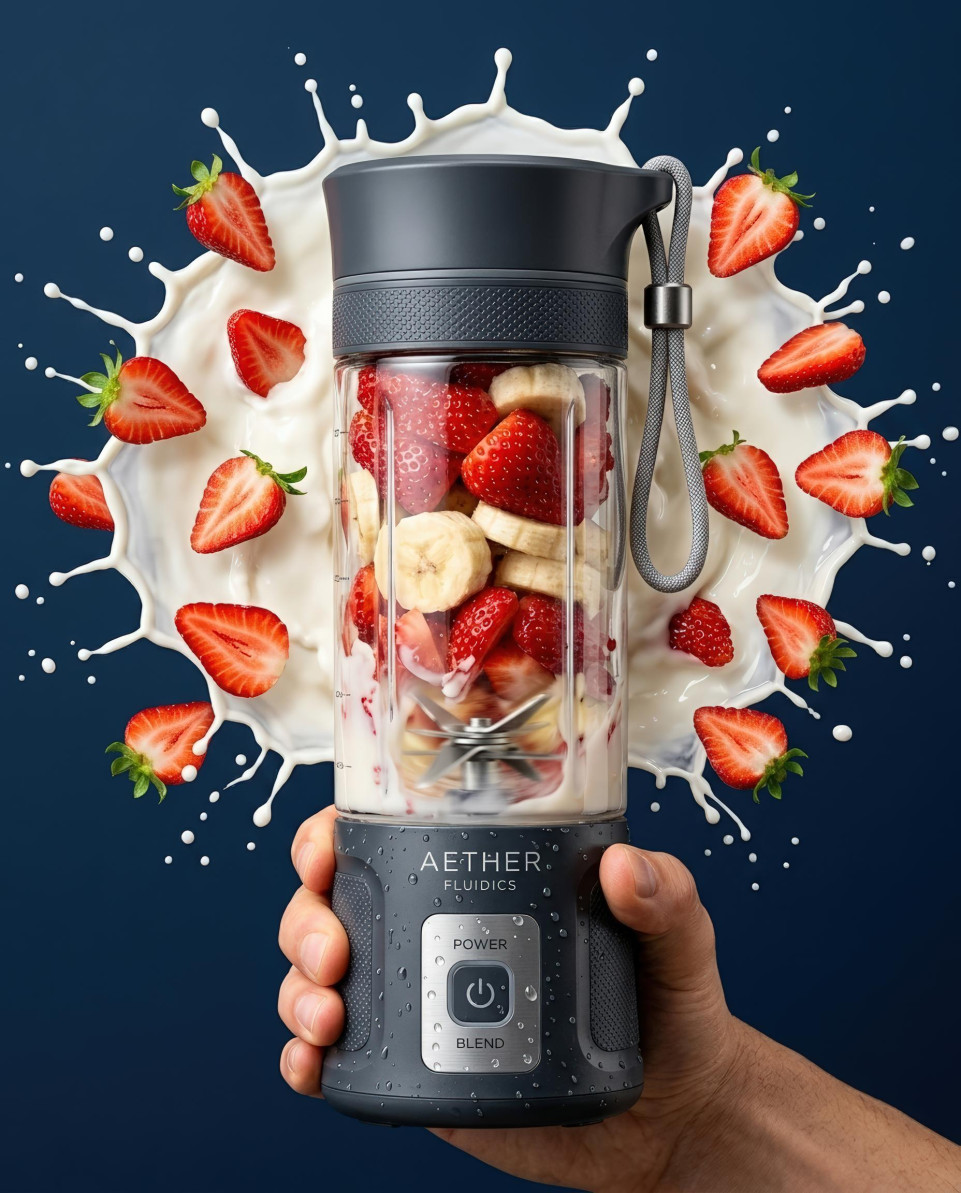High speed blender splash with strawberries and milk action shot google gemini prompt