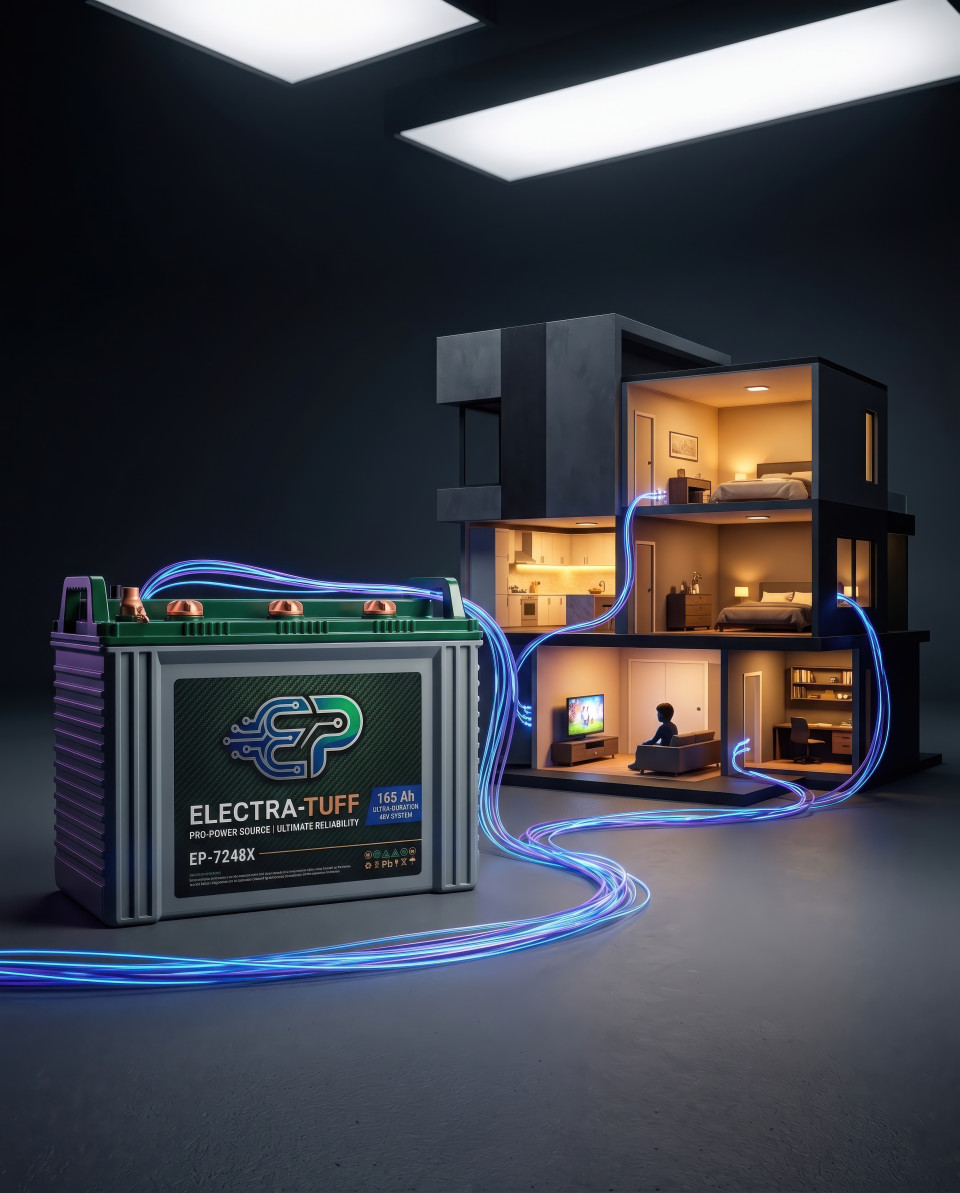 Battery powering smart home with glowing connected rooms concept google gemini prompt