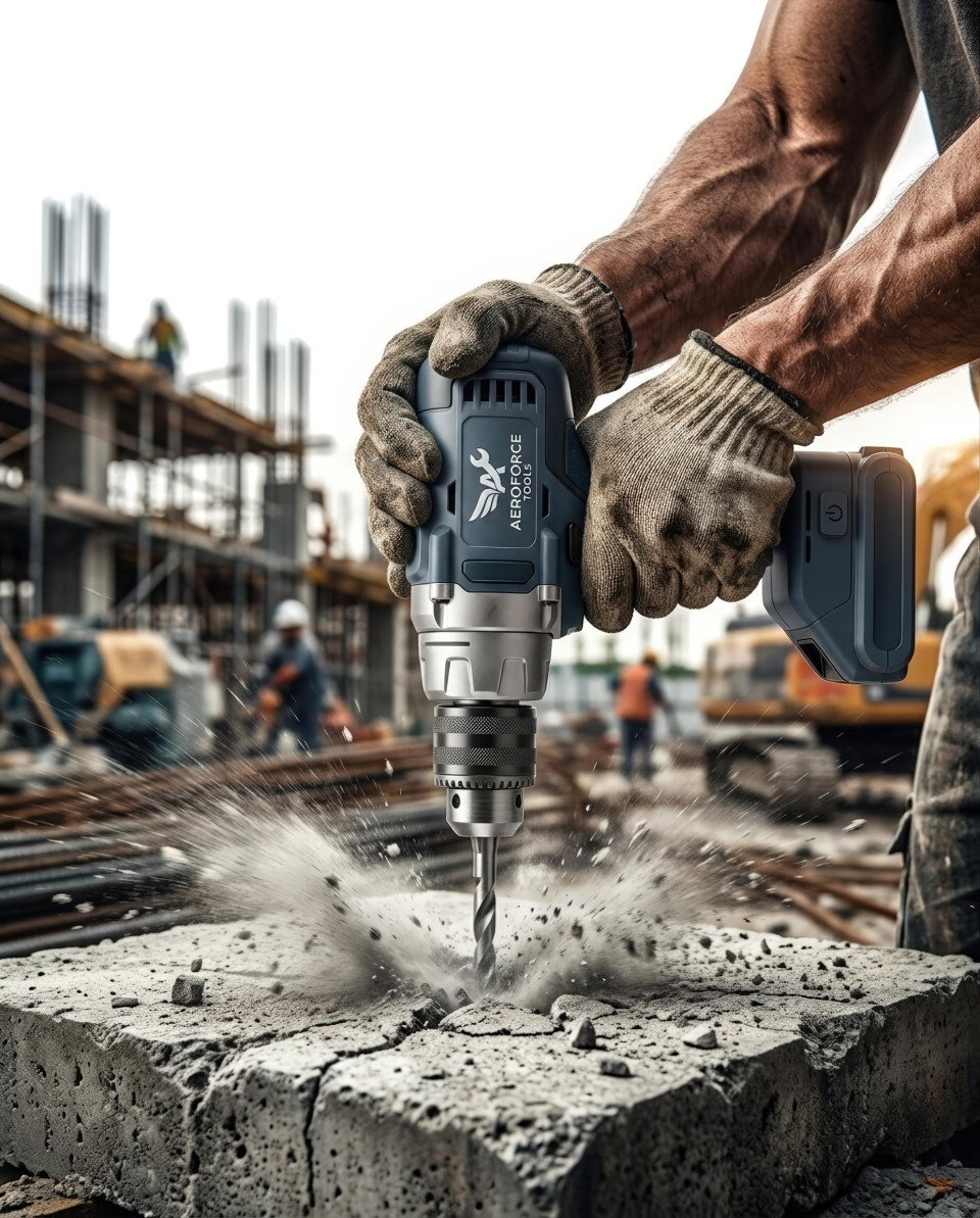 Power drill breaking concrete with dust impact construction scene google gemini prompt