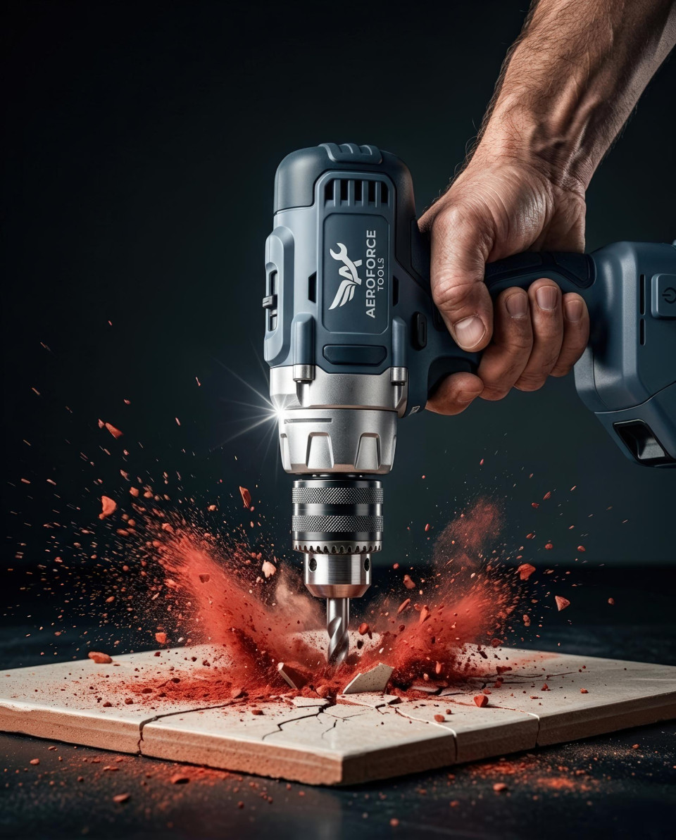 Power drill shattering tile with high speed impact dust burst google gemini prompt