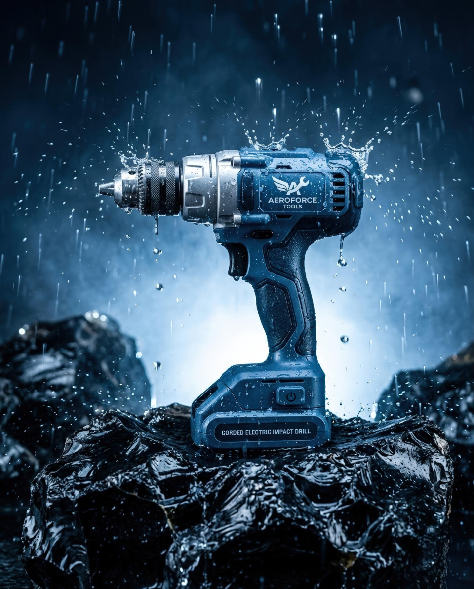 Power drill in rain on rock dramatic durability concept scene google gemini prompt