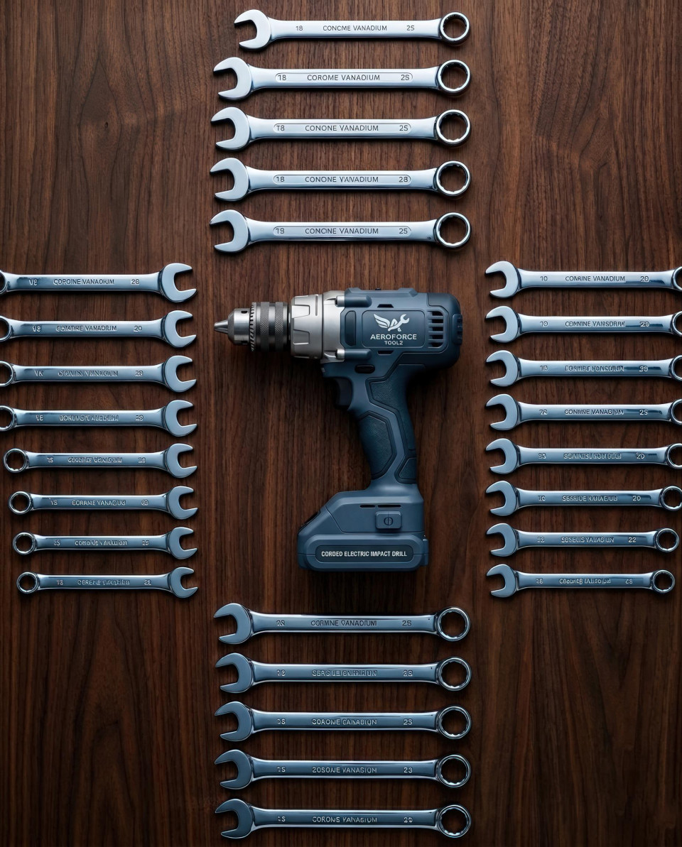 Power drill flat lay with tools on wooden workbench organized layout google gemini prompt