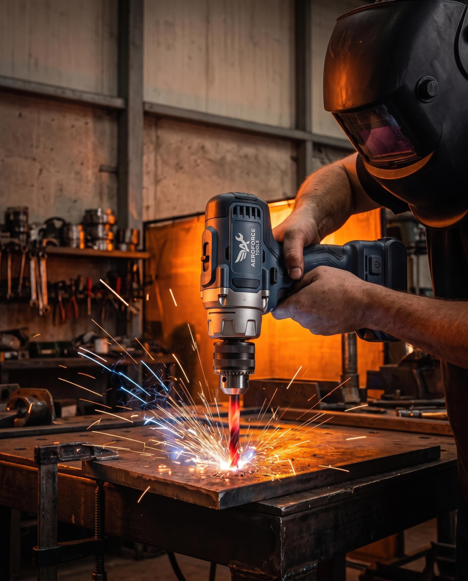 Power drill cutting steel with sparks in industrial fabrication shop google gemini prompt