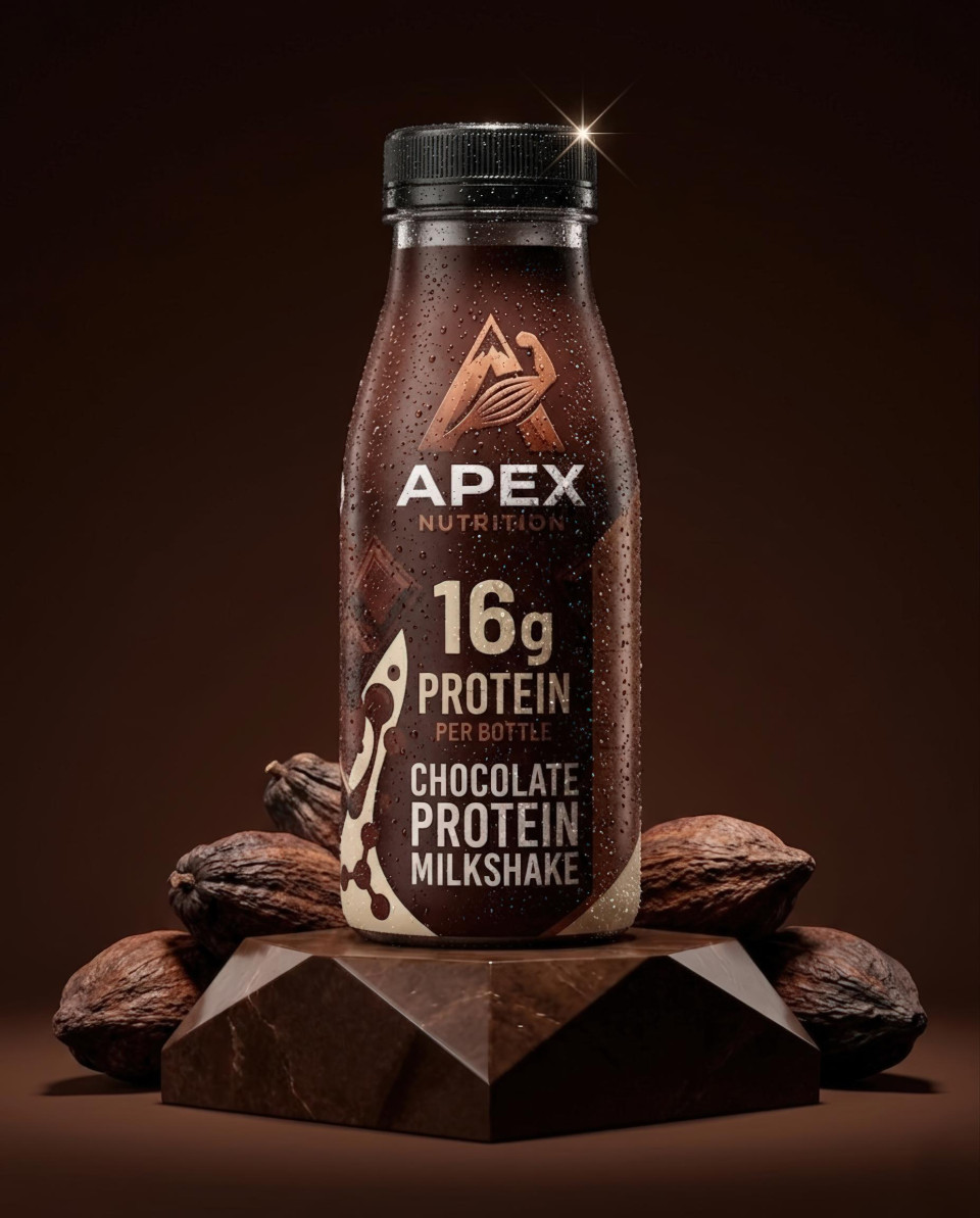 Premium protein bottle on chocolate podium with cocoa pods google gemini prompt